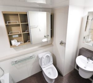 image of a clean bathroom with empty shelves above the toilet