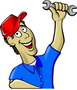cartoon of a smiling plumber holding up a wrench