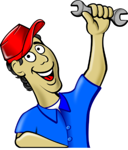 cartoon of a smiling plumber holding up a wrench
