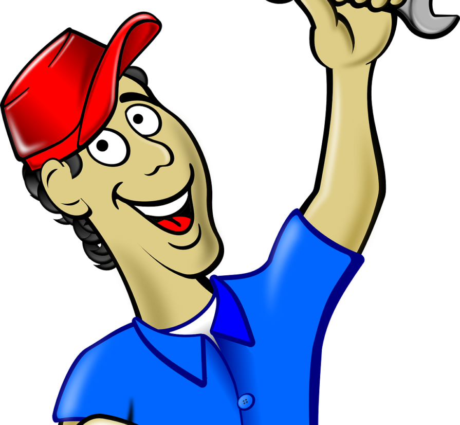 cartoon of a smiling plumber holding up a wrench