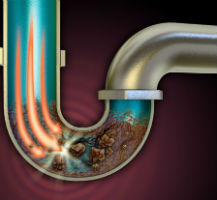 a graphic showing a buildup of waste in the pipes of a sewage system