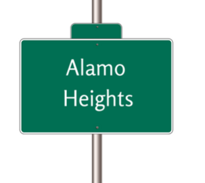 cartoon road sign for Alamo Heights