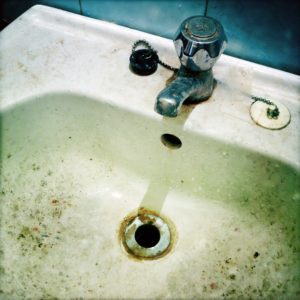 a filthy sink with mold growth on it