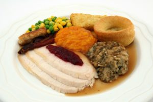 a plate of Thanksgiving foods
