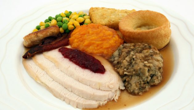 a plate of Thanksgiving foods