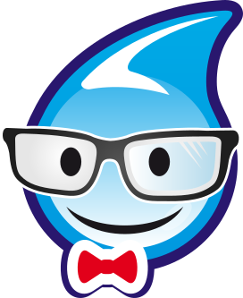 Mr. Plumber logo of a water drop smiling and wearing glasses and a bow tie