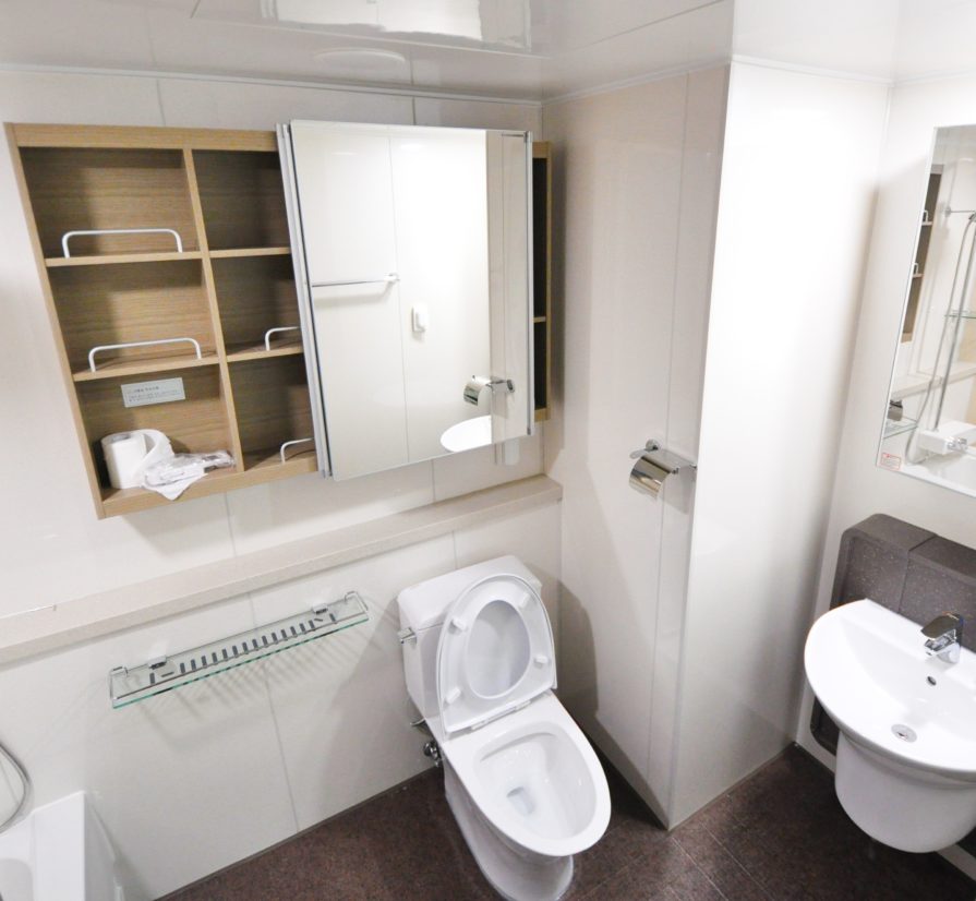 an open toilet in a bathroom with a mirror above it