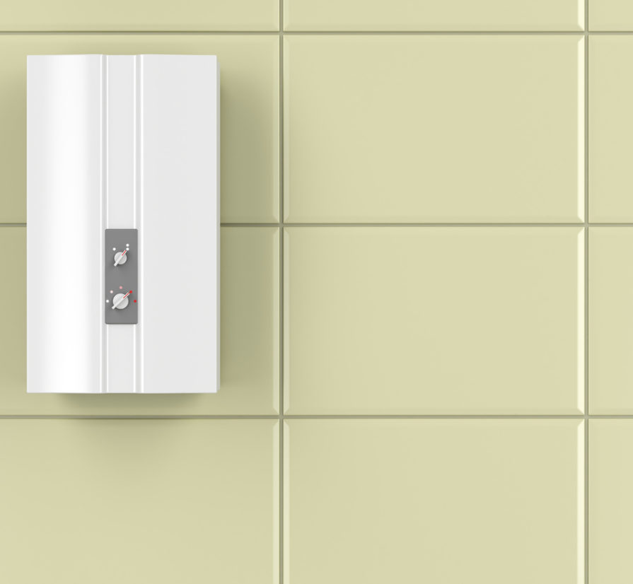 tankless water heater on a bathroom wall