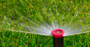 a sprinkler system spraying grass with water