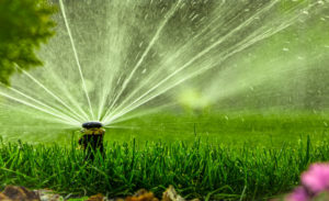 a sprinkler spraying a home's yard with water