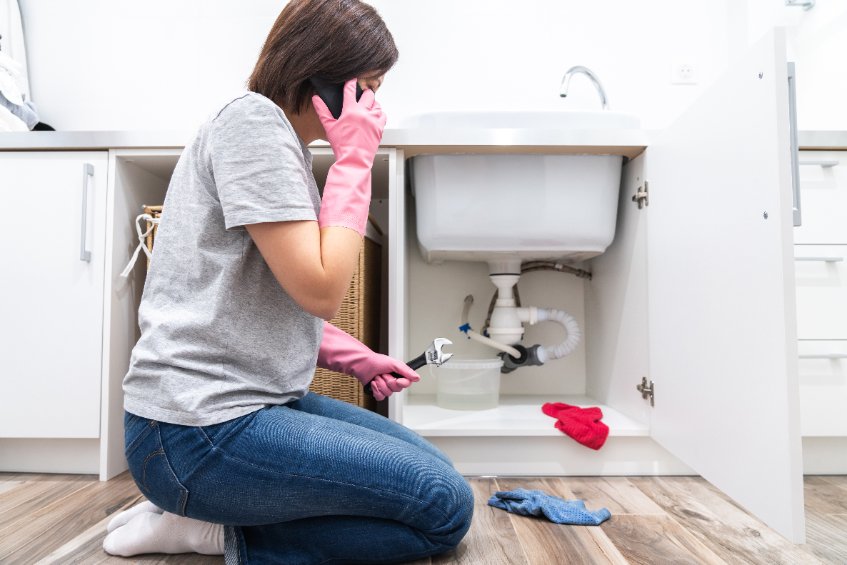 woman on the phone and holding a wrench to try and repair a kitchen sink leak