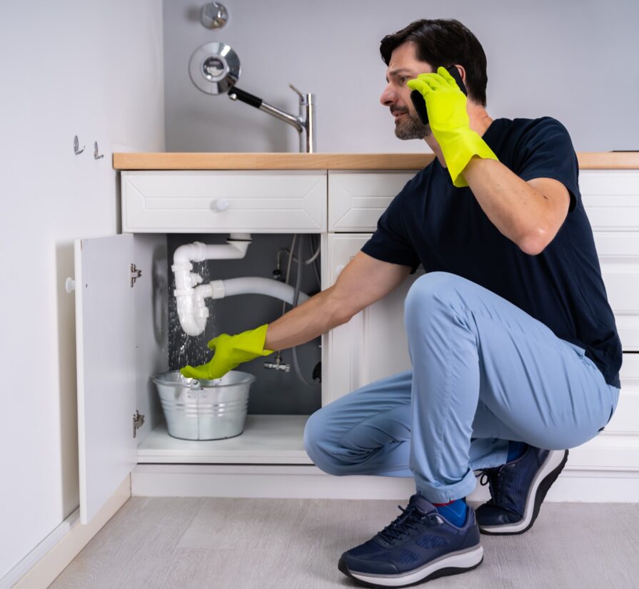 man using a cell phone while trying to stop a pipe leak underneath his sink
