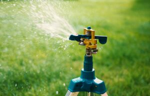 closeup of a sprinkler system spraying water on green grass